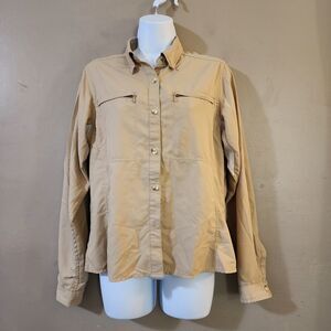 Magellan Womens Top Size M Beige Short Sleeve Button Down Vented Dry Wick